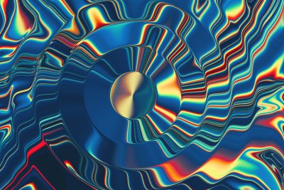 A swirling vortex of vibrant colors and intricate patterns, resembling the mesmerizing effect seen in liquid crystal structures. The background is dark blue with a gradient to bright yellow, creating an otherworldly atmosphere. In the center stands a large circular disc, its surface covered by complex waves that resemble sound or light energy. This scene symbolizes fluidity, creativity, and technological innovation. --ar 128:85