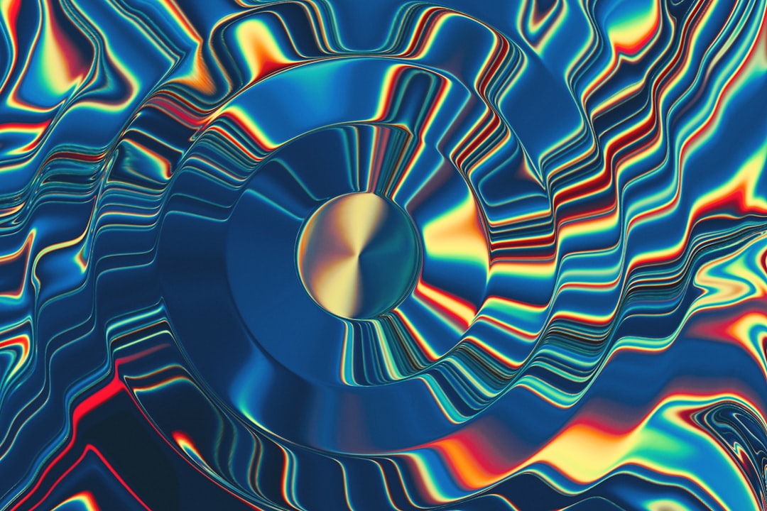 A swirling vortex of vibrant colors and intricate patterns, resembling the mesmerizing effect seen in liquid crystal structures. The background is dark blue with a gradient to bright yellow, creating an otherworldly atmosphere. In the center stands a large circular disc, its surface covered by complex waves that resemble sound or light energy. This scene symbolizes fluidity, creativity, and technological innovation. –ar 128:85