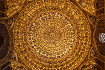 The golden dome of the Grand hall in Samarkand, with Persian and Turkish patterns on it, a huge golden mandala in the center of the ceiling, in the style of oriental art, the photo taken with Provia film. --ar 128:85