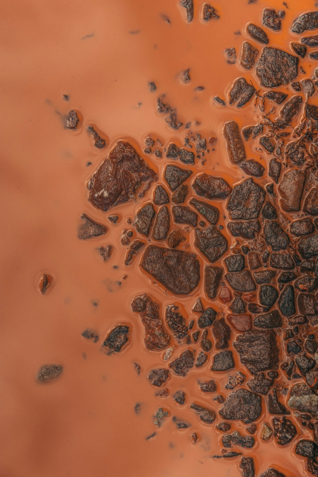 top view of brown and orange liquid with rocks floating in it, close up, macro photography, texture, top down perspective, hyper realistic, photo realism, high resolution, –ar 85:128