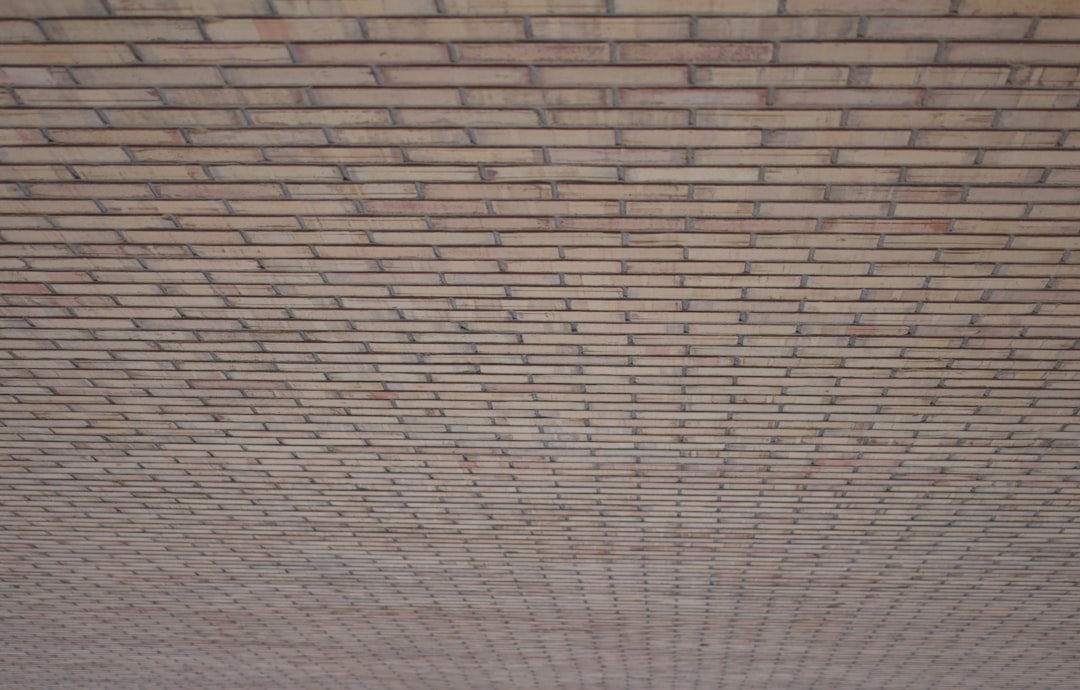 A photograph of the ceiling of an outdoor building, showing off its flat and horizontal brick texture. The bricks arranged in straight lines creating an endless pattern that stretches across the entire space. Soft lighting highlights their natural earthy tones. –ar 128:81