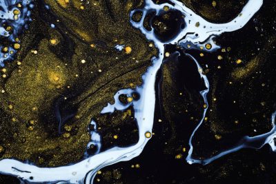 Black and white acrylic paint with gold glitter flowing in it, creating an abstract pattern with swirls of color and fluid shapes on the surface. The background is a dark blue with a starry night sky, adding depth to the composition. High resolution photography. The photoshoot used a Sony Alpha A7 III camera with natural lighting to capture the piece in the style of abstract expressionism. --ar 128:85