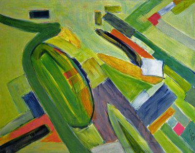 An oil painting of an abstract green cityscape in the style of Kandinsky and Matisse, with vibrant colours, shapes and lines, brush strokes, light pastel colours in green tones. --ar 32:25