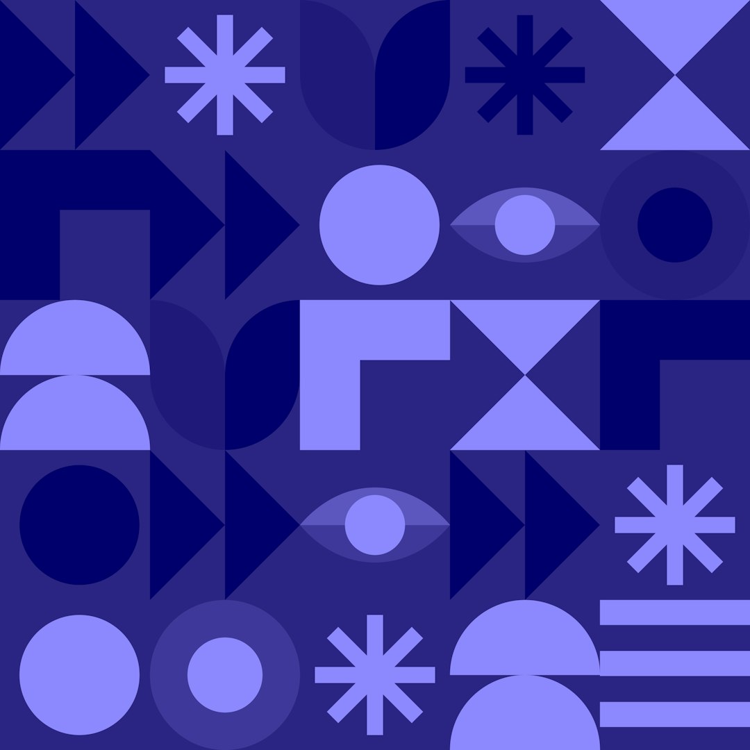 minimalist geometric vector graphic of various simple shapes and symbols, in shades of blue and purple on a dark background,