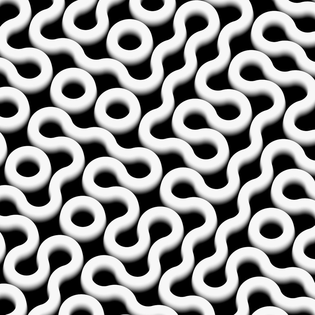 A seamless pattern with white rubber bands, their forms intertwined in an artistic dance on a black background. The design incorporates monochrome and street art styles, inspired in the style of the dynamic movement of riverside walkways. High resolution, vector illustration for print or digital media.