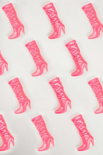 neon pink barbie high heels boots pattern, white background, top view --ar 85:128