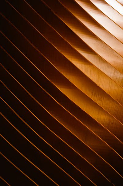 A closeup of the copper slats on an industrial ceiling, showing their unique texture and depth. The light from above casts long shadows across them, creating a dramatic play of highlights and lowlights that accentuates each wood grain. This shot was captured with a Canon EOS1D X Mark III using Kodak Gold 400 film to emphasize the rich tones and textures in the photograph in the style of film photography. --ar 85:128