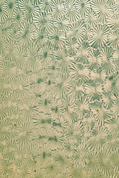 A repeating pattern of green and white star-shaped flowers, embossed on the glass surface of an art deco greenhouse roof, with intricate details in an etching style using light greens and whites. --ar 85:128