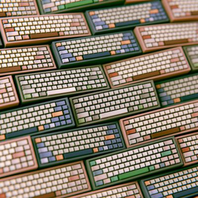 A pattern of computer keyboard keys in the style of a digital illustration, 3D render, symmetrical, flat lay with muted colors, hyper realistic and of high resolution in the style of octane rendering against a green background in the style of macro photography.