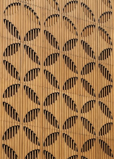 perforated wood paneling with a symmetrical leaves pattern, vertical slats, modern architecture facade detail photography in the style of modern architecture --ar 91:128