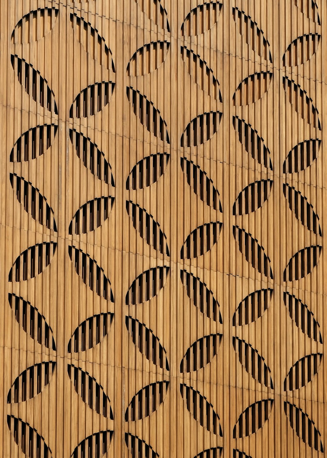 perforated wood paneling with a symmetrical leaves pattern, vertical slats, modern architecture facade detail photography in the style of modern architecture –ar 91:128