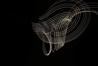 abstract light painting, white lines on black background, the outline of an animal head is formed by thin lines of white light, the figure appears to be moving in the air, creating dynamic curves and swirls around it, creating a sense of movement and energy, minimalistic design with simple shapes and soft lighting, creating a serene atmosphere. --ar 64:43