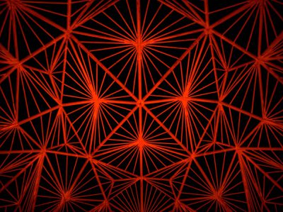 Red and black background with a geometric pattern of red lines, symmetrical composition, and interlacing lines forming an intricate network of triangles. The pattern conveys depth and perspective in the dark space. --ar 128:95