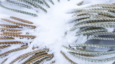 A top view of thick and thin rope arranged in an array on the snow, creating intricate patterns. The texture details include subtle contrasts between different shades of white snow and green ropes. This artistic arrangement adds depth to the composition while highlighting the beauty found within the natural elements of winter in the style of nature. --ar 16:9