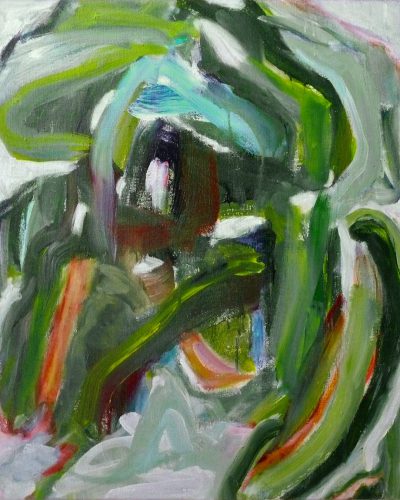 abstract painting of an Irish garden, thick brush strokes, green and white colors, pink highlights, abstract shapes, in the style of expressionist, oil on canvas --ar 51:64