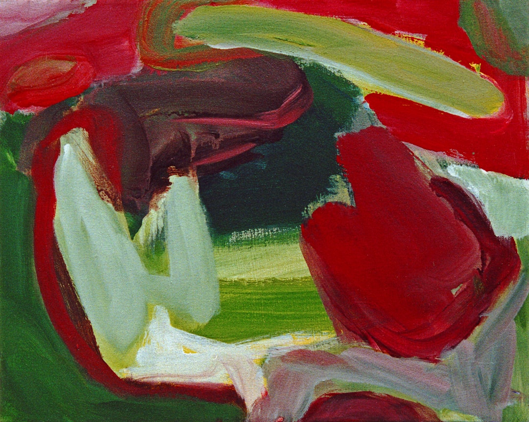 An abstract painting of two red and green flowers, in the style of [Henri Matisse](https://goo.gl/search?artist%20Henri%20Matisse), on a dark maroon background, with blurred brushstrokes, using a monochromatic color palette, featuring a white paper sheet in the middle with no text or images on it, a brown belt around the neck of the flower petals, with thick paint strokes, in a loose gestural style, set on a green grassy ground, with movement lines, expressive mark making, using wet oil paint, with a heavy texture, loose painterly strokes, visible textures. –ar 64:51