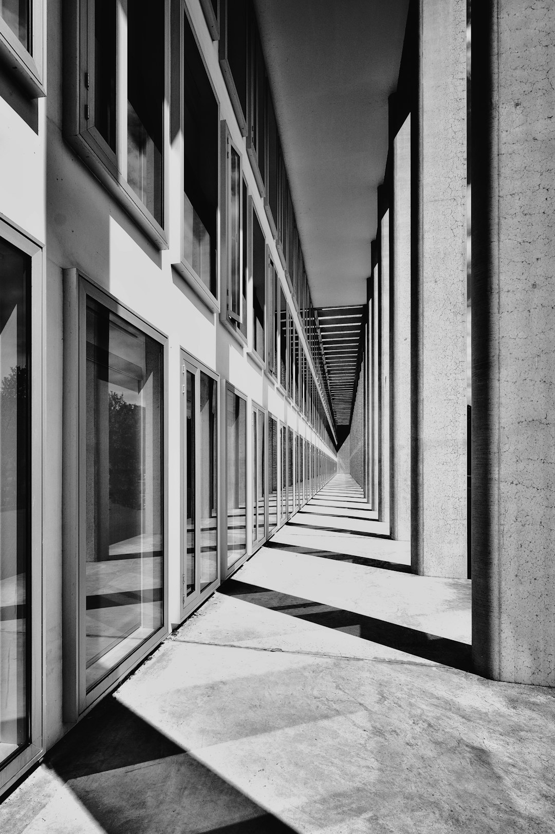 The architectural photography of the exterior wall facade in black and white, of a long building with large windows, of minimalist architecture in the style of [Louis Kahn](https://goo.gl/search?artist%20Louis%20Kahn), of geometric lines, of light concrete walls, of steel structures, of straight lines, of a sunlit courtyard, of shadows on the ground plane, in the style of archdaily magazine photography. –ar 85:128