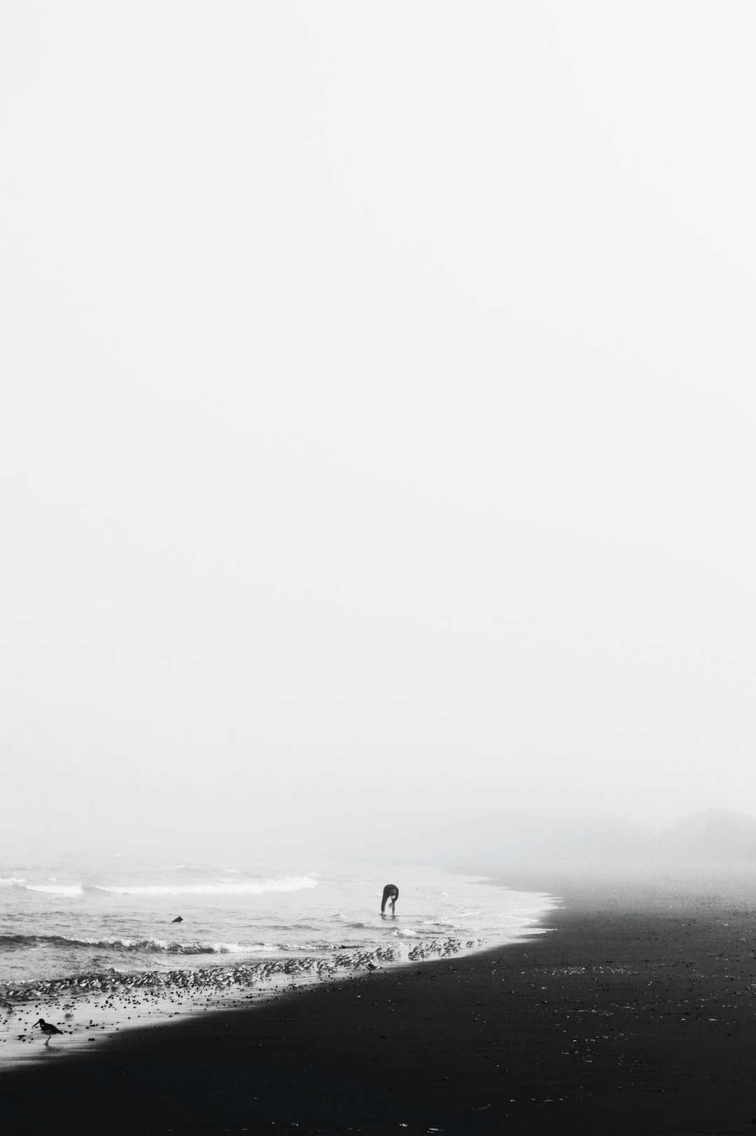 Minimalist black and white photography of the ocean shore, foggy weather, person walking on the beach in the distance, wide shot, unsplash photography style in the style of minimalism –ar 85:128