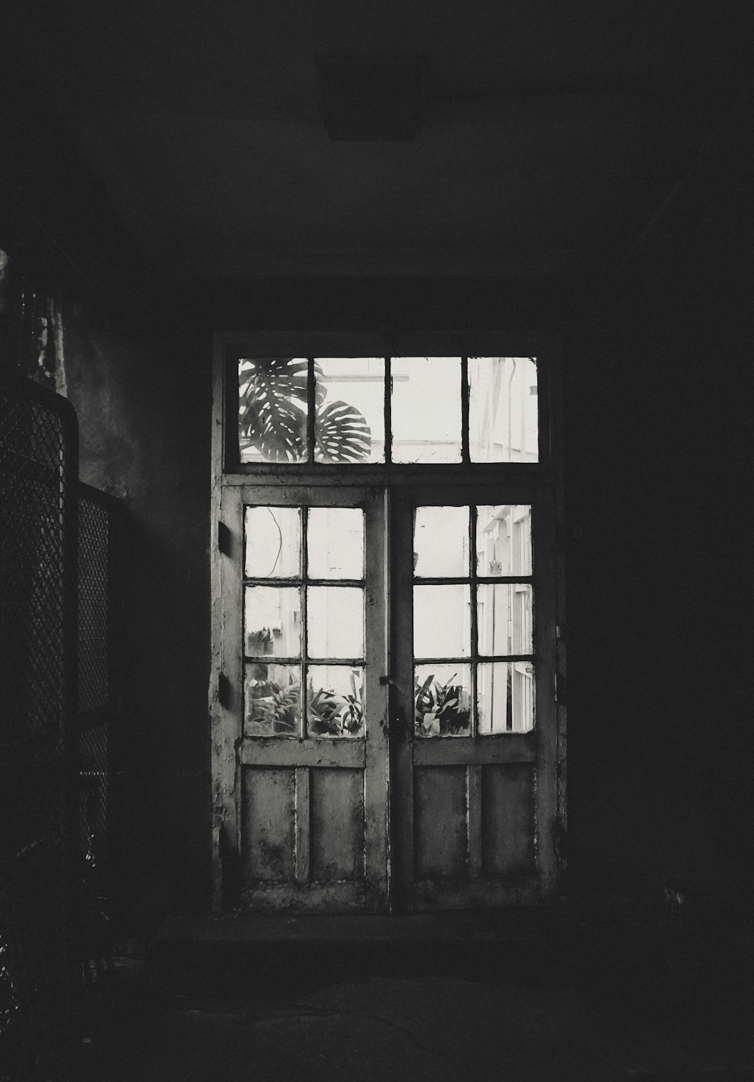 a black and white photograph of an old wooden door with large glass windows, inside the house there is a small window in front of it through which you can see plants outside, the photo was taken from behind so that we only have half a wall visible, the rest has dark shadows, the atmosphere looks gloomy and sad, the background is blurry and dark –ar 89:128