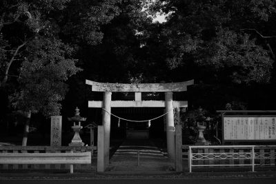 Black and white photography of an old Japanese shrine at night, a simple wooden torii gate with signs on the side in front of it, trees around, centered composition, high contrast, dark background. The photograph has a centered composition with high contrast between light and dark areas and a dark background, showing an old Japanese shrine at night with a simple wooden torii gate that has signs on the side in front of it and trees around, in the style of a minimalist black and white photograph. --ar 128:85