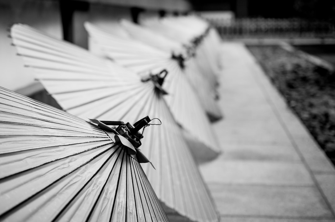 A black and white photo of paper umbrellas on the sidewalk, in the style of Japanese art. –ar 128:85