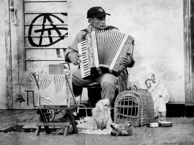 black and white street photography of an old man playing the accordion sitting on his throne, next to him is some baby chicken in their cage with some rags and other small toys, outside he has a dog bed and more signs of Aumaha kehrean logo on them, the letters "Auaha" can be seen in one sign. He also plays a harmonica. The scene takes place at dawn in Paris's poor district. --ar 4:3