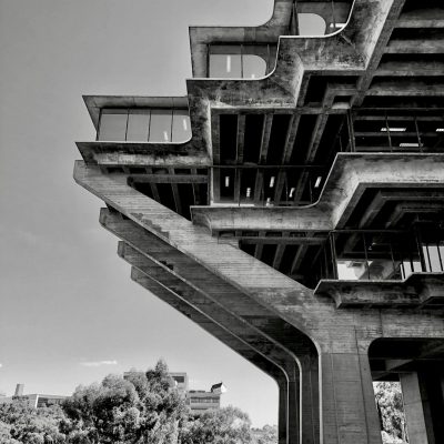 Black and white photography of the native architecture in the style of Richard Neunhawer, of the San Diego State University building in California, USA, brutalist modernism, concrete structure, archdaily architectural photography.