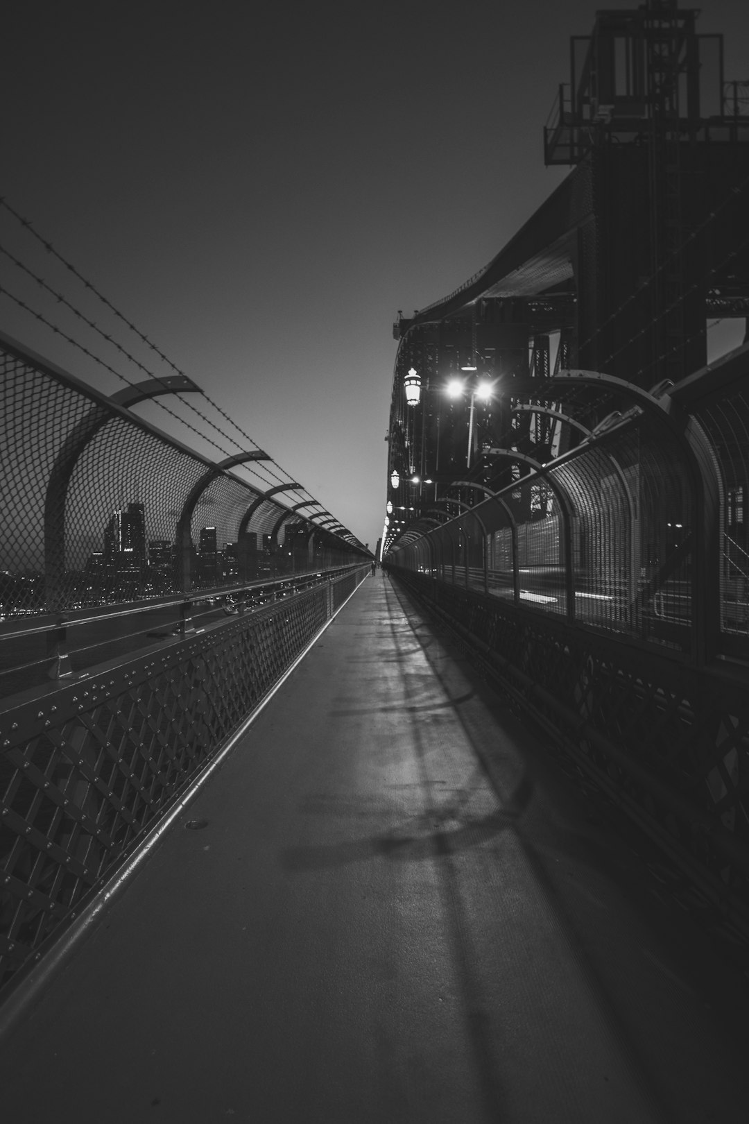 A long shot of the Sydney Harbour Bridge at night, with lights on and shadows cast in the style of them, black & white, hyper realistic, high resolution photography, low angle shot, captured using a Sony Alpha A7 III camera, depth of field, grainy. –ar 85:128