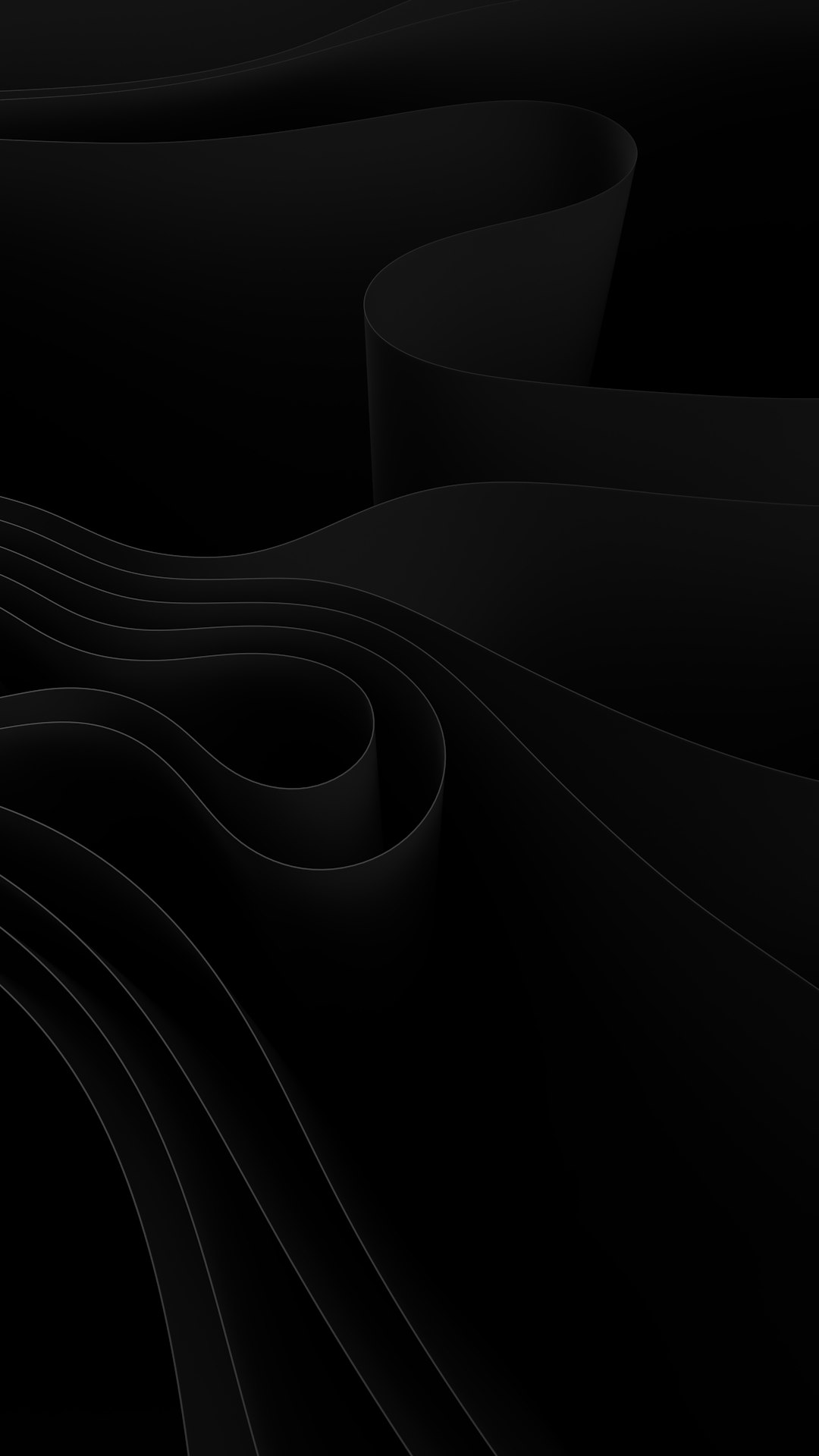 Black background with three-dimensional curves, minimalism, simple lines, in the style of minimalist style, dark tones, high-end texture, advanced sense of technology and simplicity. The entire screen is black, with an abstract pattern composed of curved paper strips. It features a simple composition with three dimensional curves. In the style of minimalist style, dark tone, advanced texture, and modern feel. High definition photography. –ar 9:16