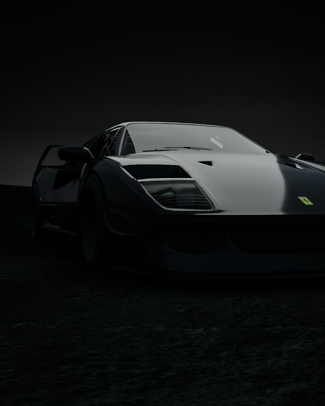 front view of the white Ferrari F40 in complete darkness, only one neon green light on top right corner of its roof is visible, dark background, high contrast, low angle shot, cinematic, grainy photo, in the style of –ar 51:64