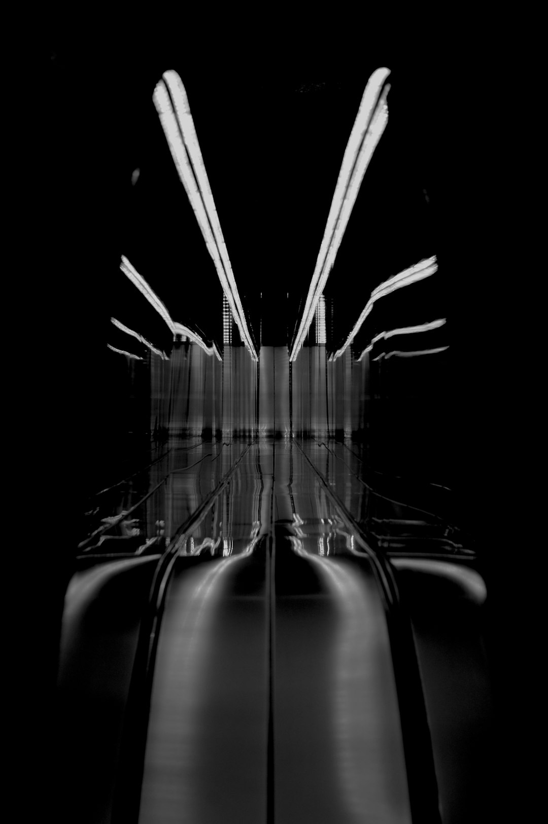 A monochromatic photo of an escalator with lights moving fast in the background. The reflection on glass is distorted and there is motion blur. It feels like being inside that escalator, all black and white, in the style of toothbrushes. –ar 85:128