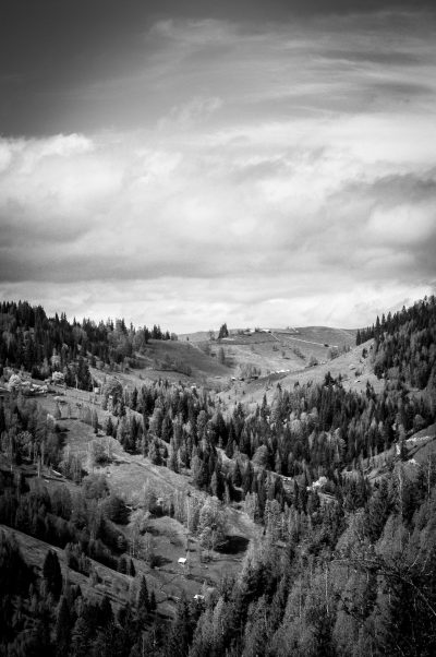 A black and white photo of the mountainous landscape in Romania, with forested hills and some houses scattered around. Shot on Fujifilm Pro400H film stock in the style of the photographer. --ar 85:128