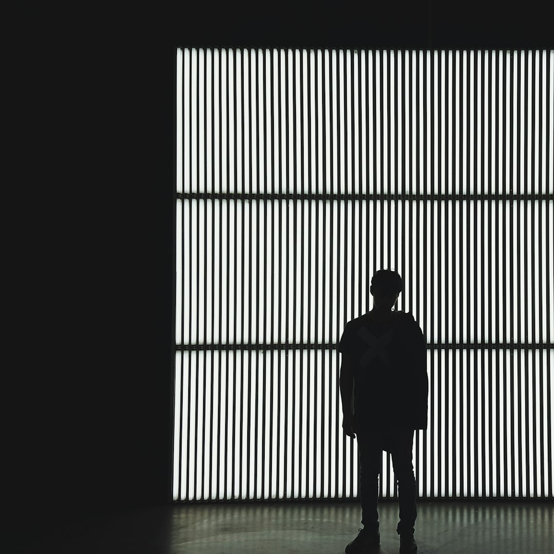 The silhouette of a person standing in front of a vertical light pattern wall in white and black. The image is in the style of a Chinese artist.