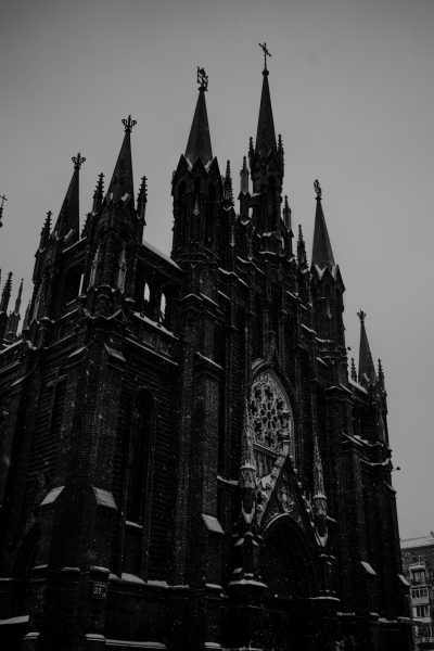 a gothic cathedral in the snow, gothpunk, black and white photography, low angle shot, dark aesthetic, goyaesque --ar 85:128