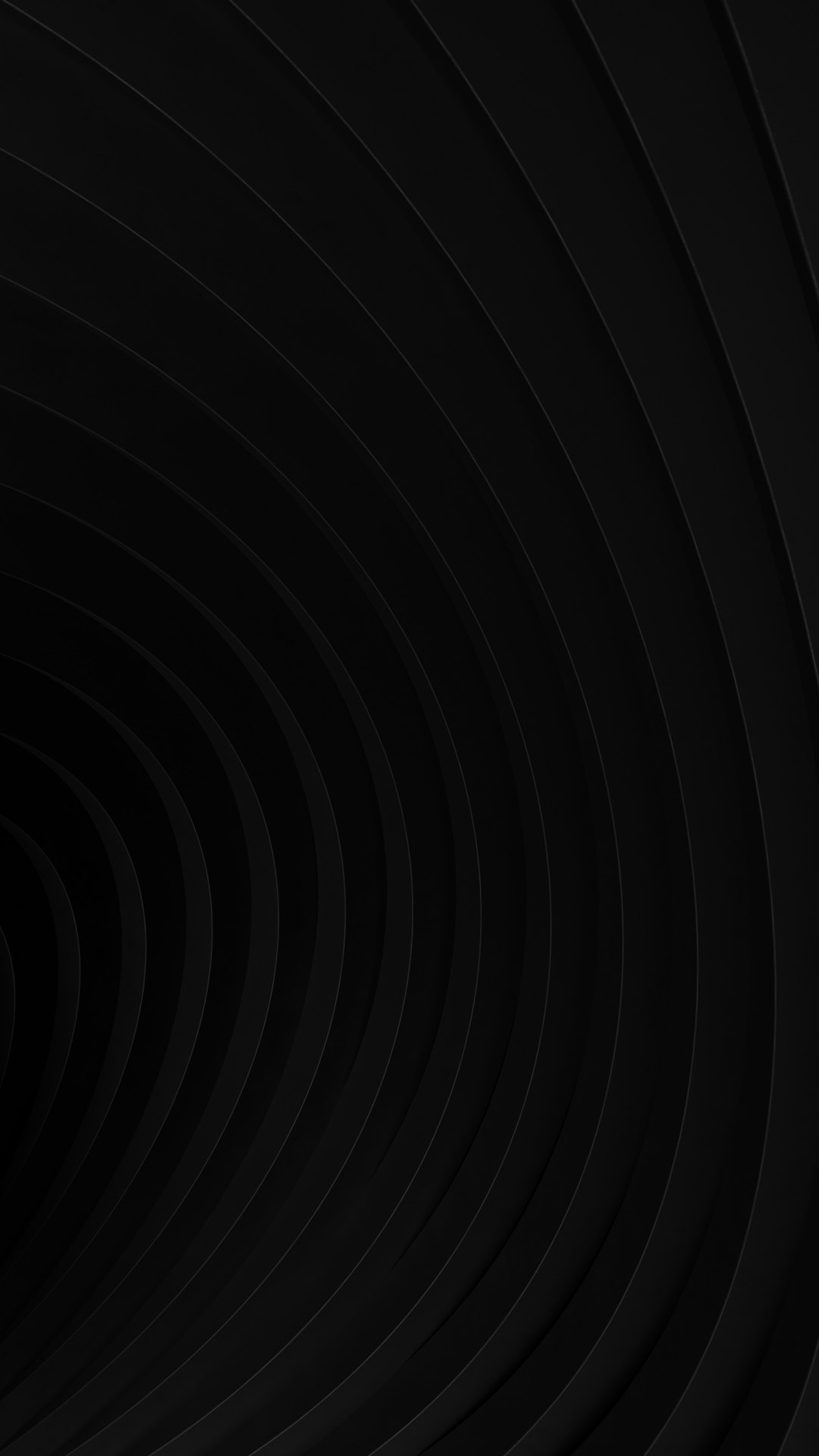 Black background with circular wave pattern, minimalistic design, simple lines and shapes, monochromatic color scheme, high contrast lighting to highlight the texture of each line, focus on smooth curves for an elegant feel, no text or graphics, suitable as smartphone wallpaper –ar 9:16