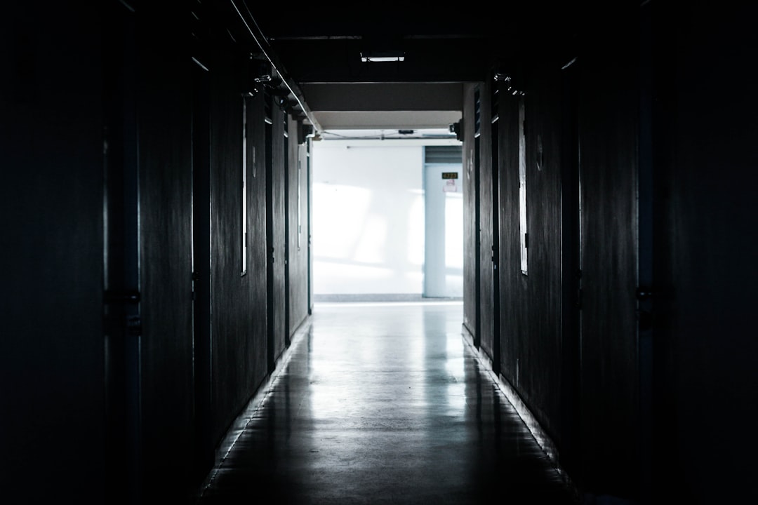 Dark hallway with doors leading to the light, horror style, dark room, dark corridor in an apartment building, dark corridor inside of modern buildings, interior design photography, high resolution photography, high contrast, cinematic, atmospheric lighting, low angle shot, closeup –ar 128:85