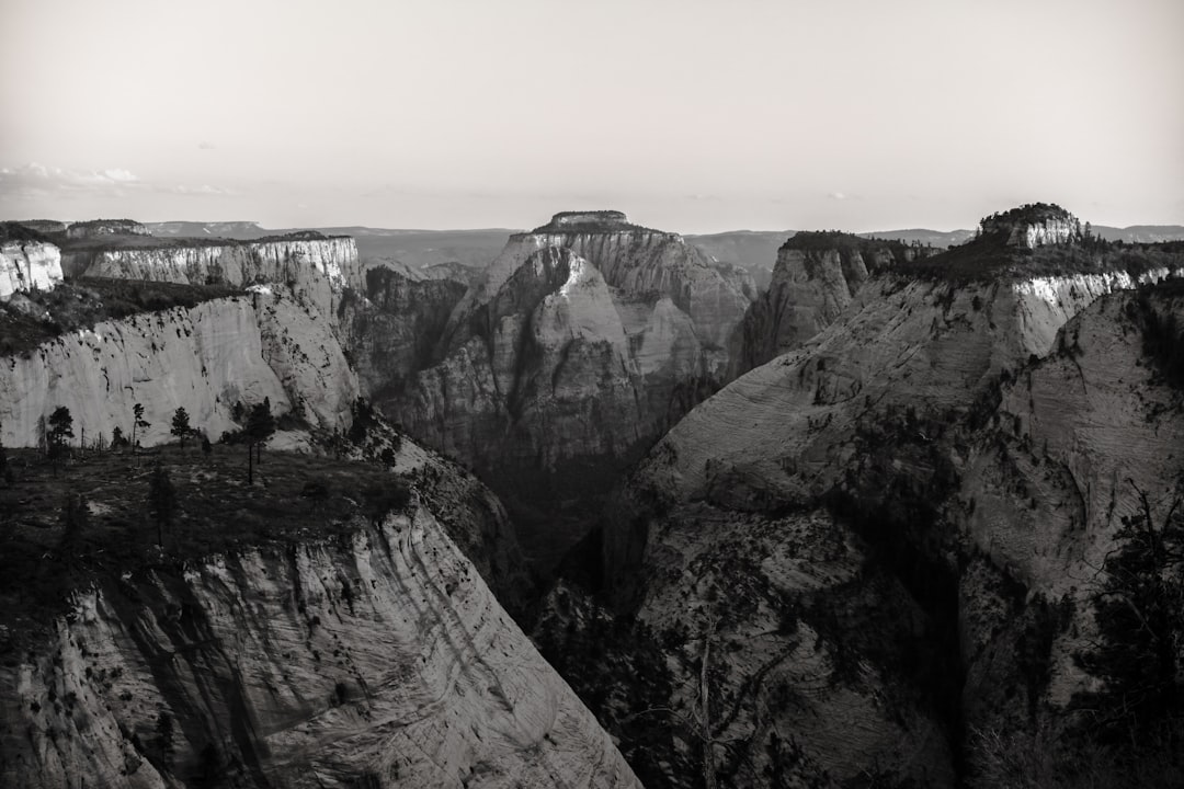 Zion National Park, Aerial View of twilight in the canyons, shot on Leica M6 with Ilford film stock, monochrome, capturing a timeless moment in time, high resolution, extreme realism in the style of black and white, vintage feel. –ar 128:85