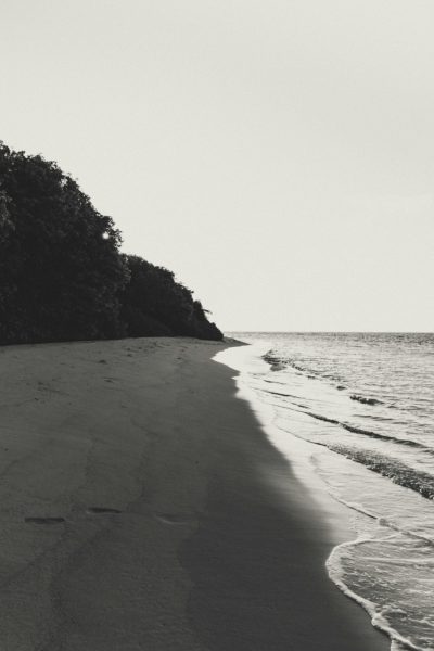 Black and white photography of an empty beach in rainforest, sand on the shore, ocean waves, minimalism, neutral tones --ar 85:128