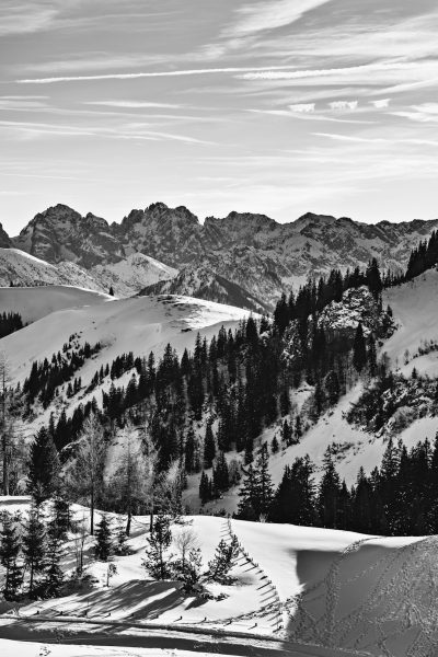 Black and white photography of the Alps in winter, with snow-covered mountains, forests, and ski slopes in the background. The focus is on capturing the majestic beauty of nature's scenery, with detailed attention to the textures of snowy landscapes and distant mountain peaks. This scene evokes an adventurous mood for skiing or outdoor activities in the style of [Ansel Adams](https://goo.gl/search?artist%20Ansel%20Adams). --ar 85:128