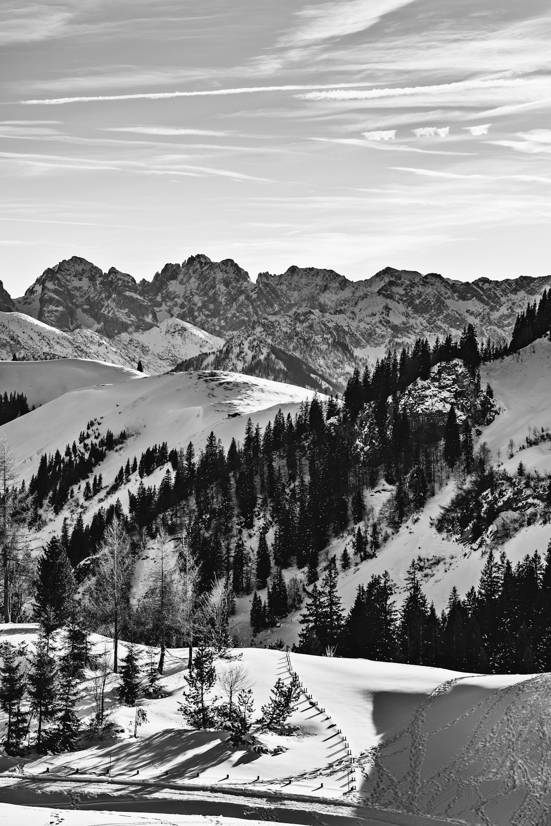 Black and white photography of the Alps in winter, with snow-covered mountains, forests, and ski slopes in the background. The focus is on capturing the majestic beauty of nature’s scenery, with detailed attention to the textures of snowy landscapes and distant mountain peaks. This scene evokes an adventurous mood for skiing or outdoor activities in the style of [Ansel Adams](https://goo.gl/search?artist%20Ansel%20Adams). –ar 85:128