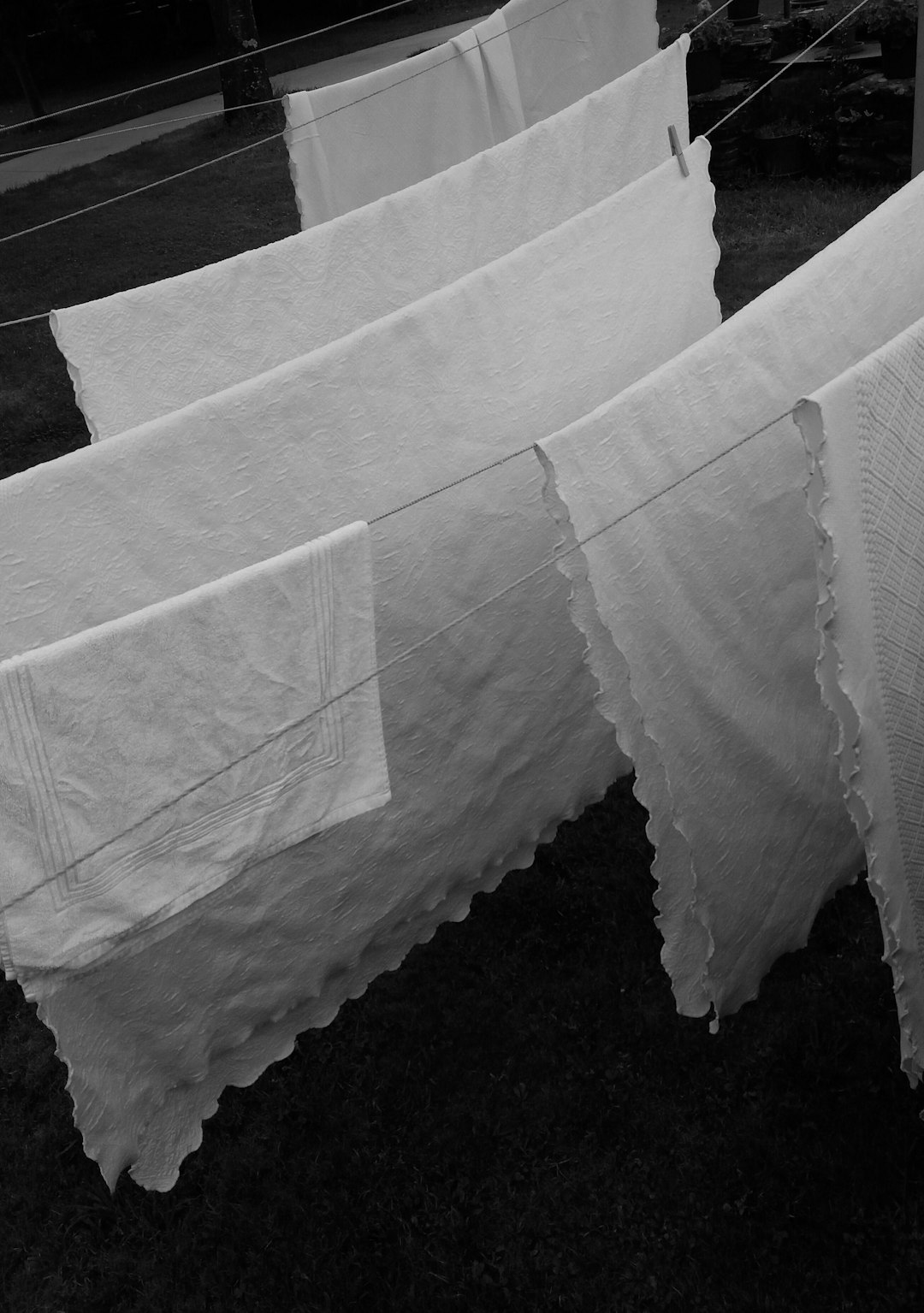 A black and white photograph shows several sheets hanging on a clothesline from an overhead perspective. The sheets have delicate stitching details that add texture to their smooth surfaces. They appear fresh and clean against the backdrop of nature’s elements. This composition creates a sense of tranquility as the sheets gently flutter in the breeze in the style of nature. –ar 45:64