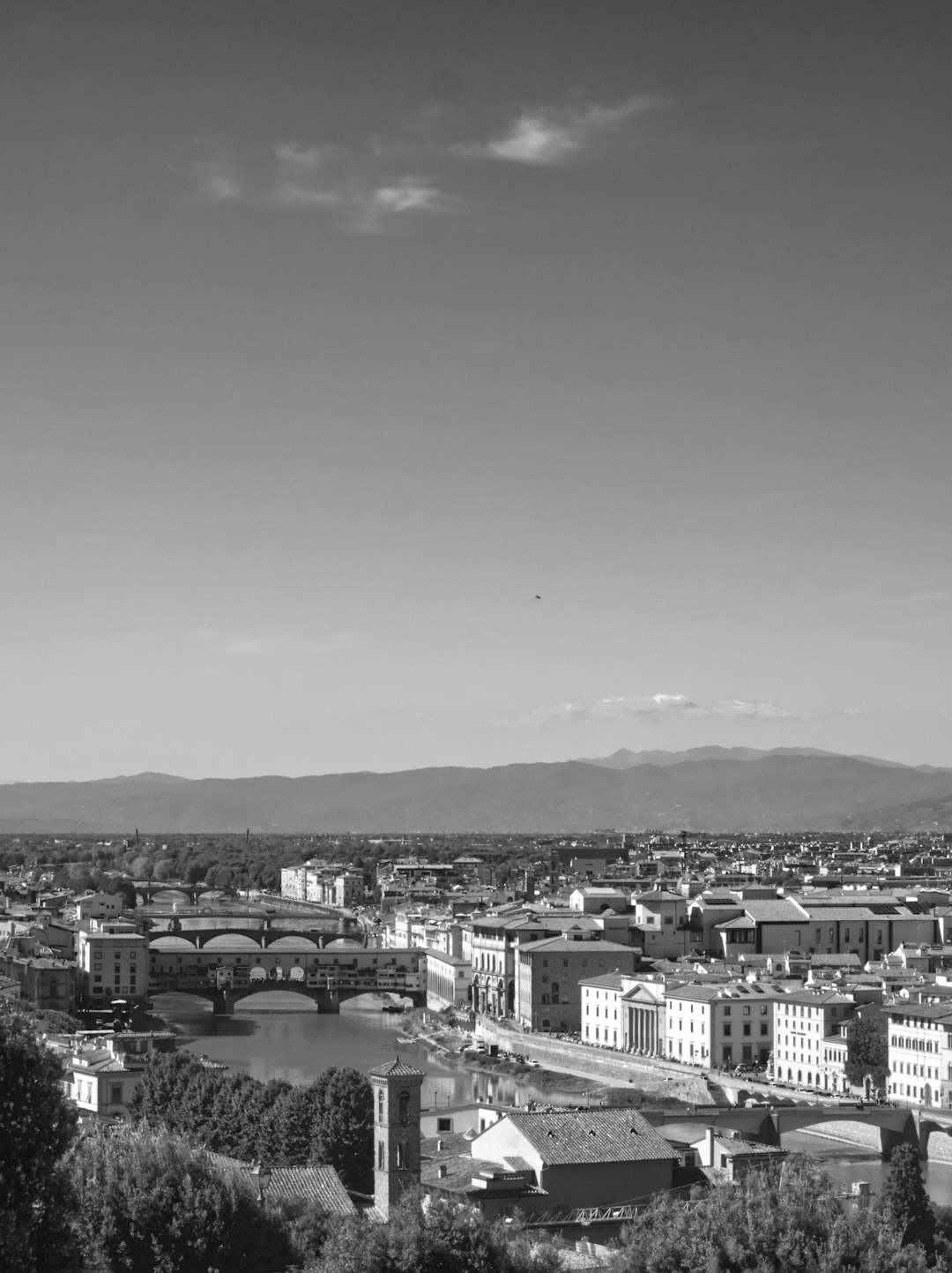 A black and white photograph of the cityscape of Florence, Italy with its iconic architecture, bridges over the river Arno, and distant mountains in the background. The photo captures the historic charm of a panoramic view from Piazza di Spagna on a peaceful day with a clear sky. High resolution photography, taken in the style of Nikon d850 using a Nikon AFS Nikkor 24-70mm f/2.6 lens. –ar 95:128