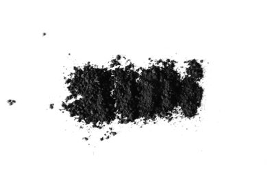 Black powder isolated on white background, top view. Black ink swatch --ar 128:85