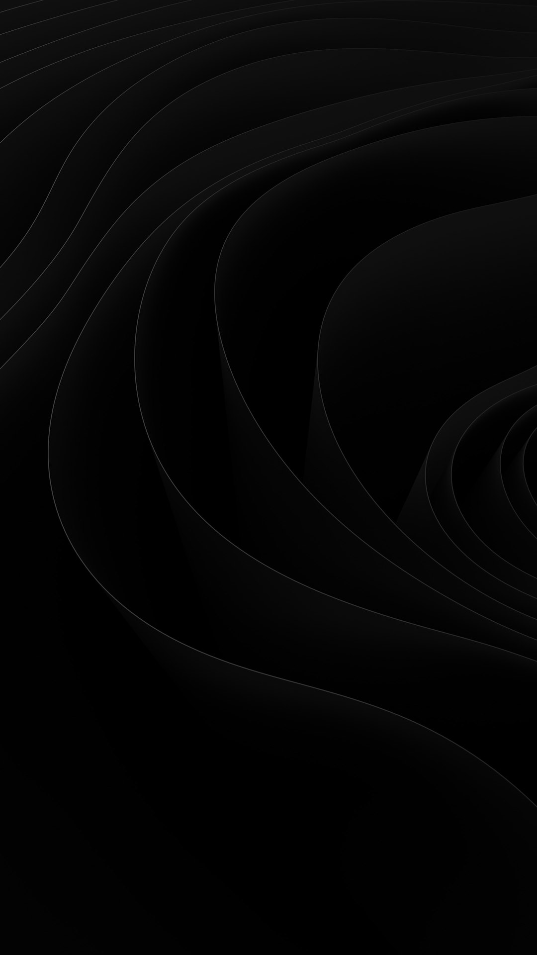 Black background with a series of curved lines in the center, creating an abstract and minimalistic design. The lines have varying thicknesses to create depth, giving it a dynamic feel. This wallpaper is great for backgrounds that need a touch of modernity or elegance without being too busy. It’s also versatile enough to work well on various devices like smartphones, tablets, laptops, or computer screens. The lines are in the style of a minimalist artist. –ar 9:16