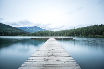 A long wooden dock leads into the distance, on a lake in Whistler with forest and mountains in the background, in neutral tones, with clean sharp focus, in the cinematic photography style, beautiful, following the rule of thirds. --ar 128:85