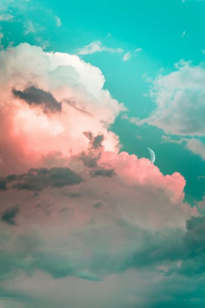 Beautiful sky with clouds, pastel colors, teal and pink, moon in the background, aesthetic photography, ethereal, dreamy, high definition --ar 85:128