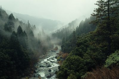 A misty river runs through the forest in Red Lake, California. The photo is taken from above and shows dense green forests with tall trees covering mountains in the background. It's overcast but there is still some light coming out from behind the clouds, giving everything an ethereal feel. --ar 128:85