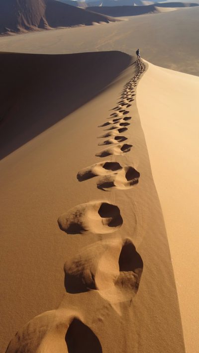 A long, straight line of footprints leading up the side of an enormous sand dune in Sossusvritoi National Park ingreen desert in Namibia. A lone hiker is seen walking along it's edge. The perspective view from above makes them look tiny and very small in comparison to how large they appear in reality. Photo taken by Sony Alpha camera with an aperture of f/4 at ISO 200. --ar 9:16