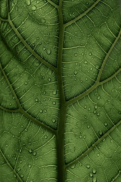 Closeup of green leaf texture with water droplets, macro photography with a macro lens in a symmetrical composition lit by natural light with high contrast and vibrant colors, highlighting the details of the veins on each petal in a realistic rendering style. --ar 85:128