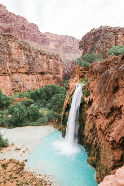 A waterfall in the Grand Canyon with turquoise water, shot in the style of Canon EOS R5. --ar 85:128